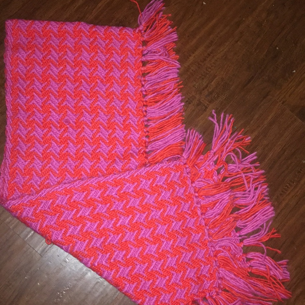 Pink and orange herringbone scarf with fringe
